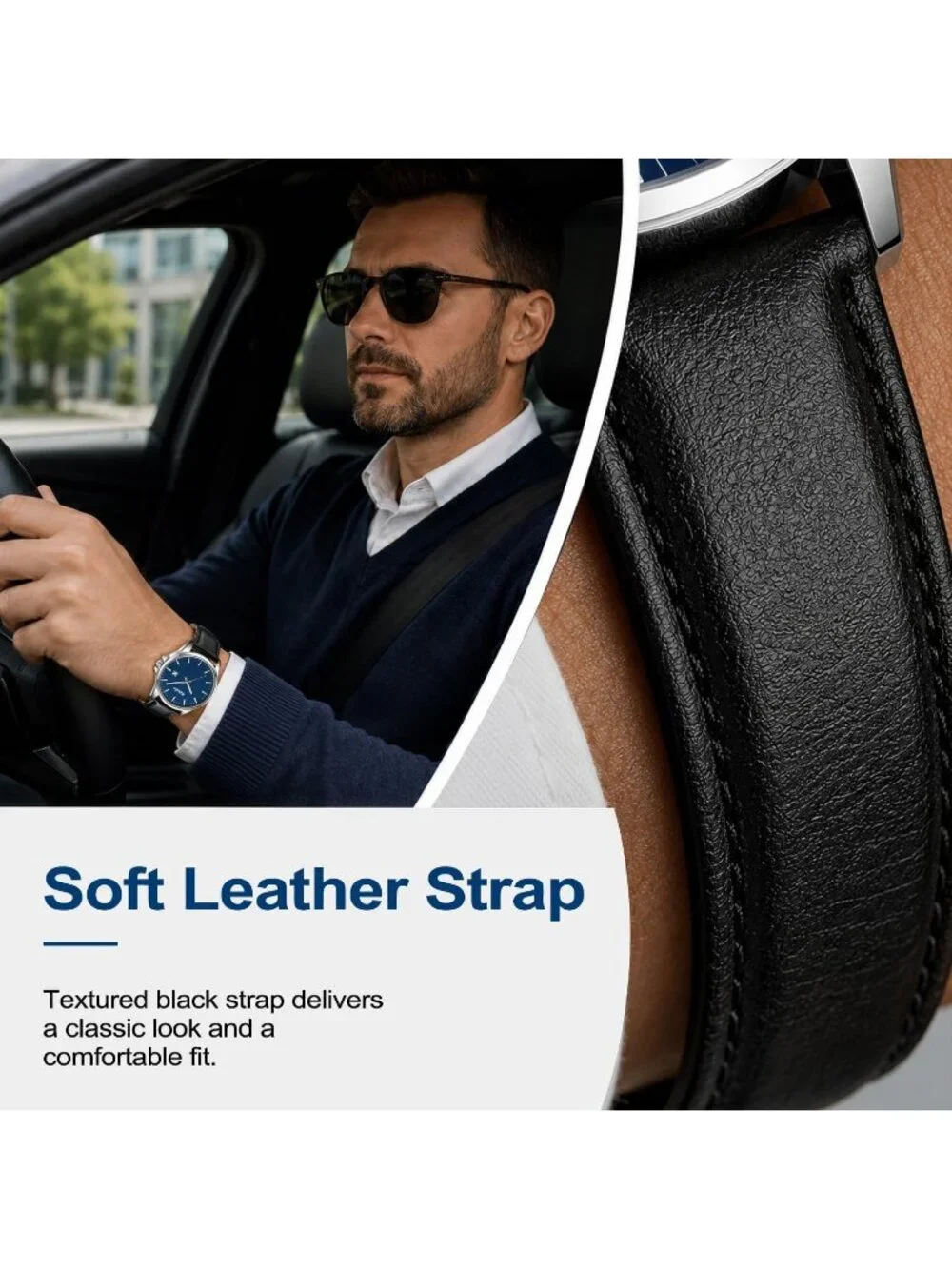 Men's Black Blue Minimalist Fashion Leather Strap Classic Analog Quartz Watch